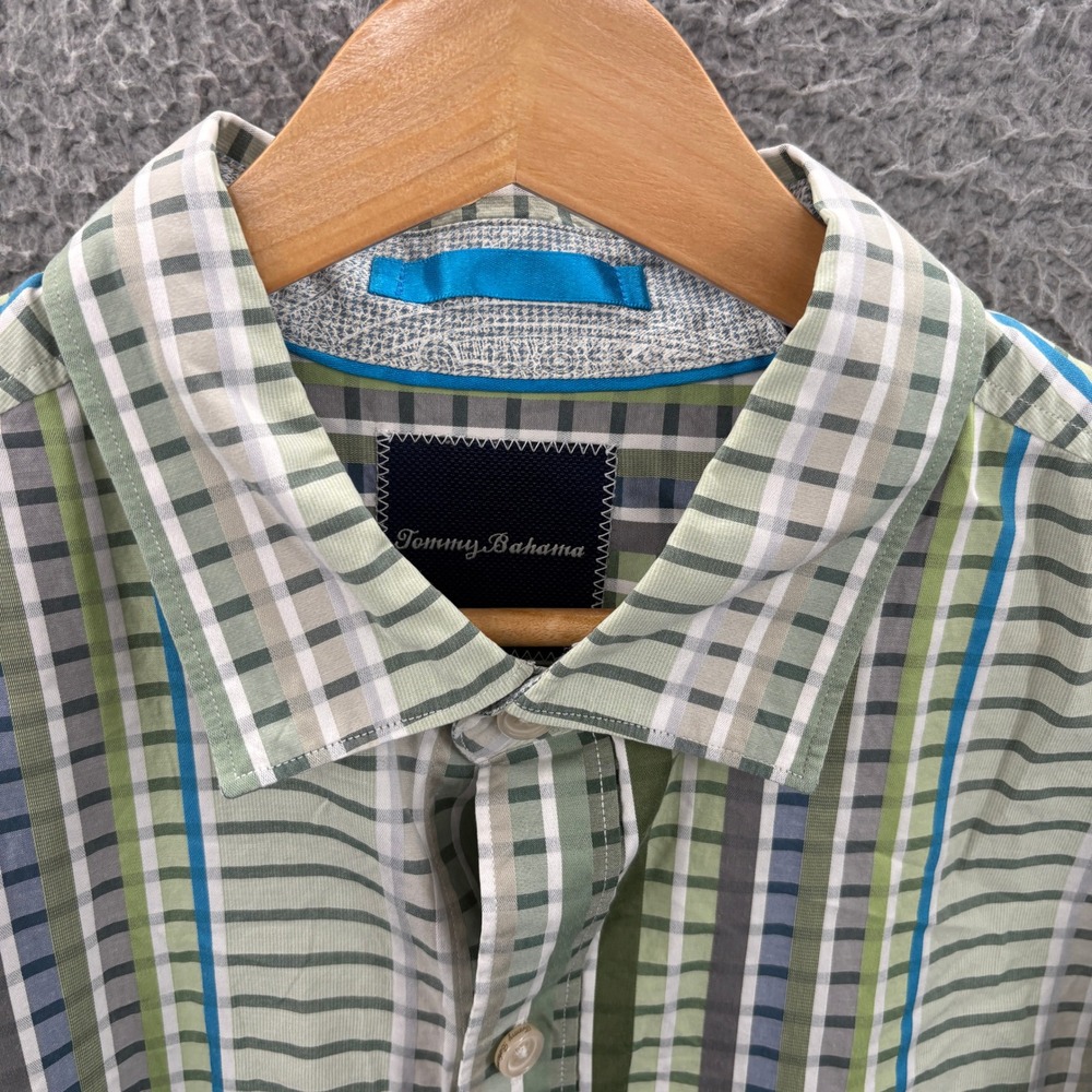 Tommy Bahama Shirt Men Large Green Blue Plaid Button Up Pima Cotton Long Sleeve